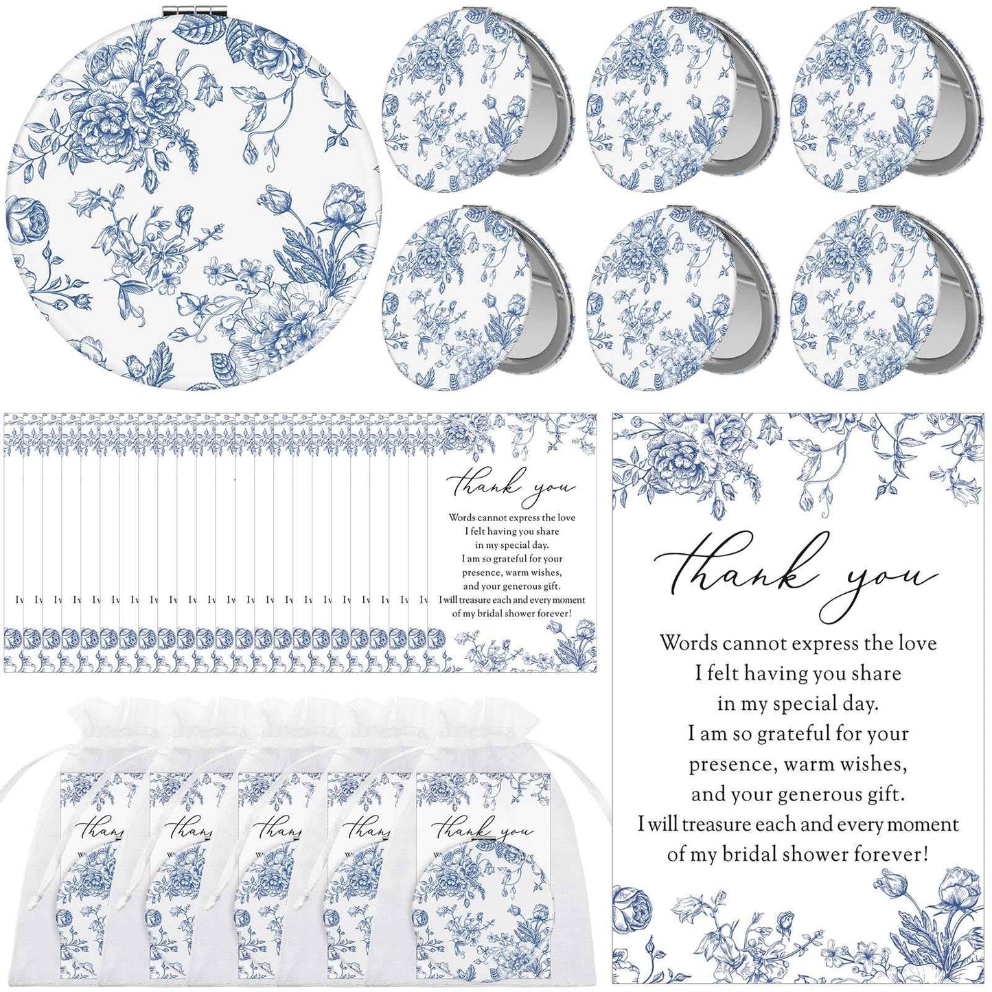Yalikop 24 Sets Blue Floral Bridal Shower Favors for Guest Flower Folding Leather Compact Makeup Mirror Bulk Thank You Cards with Organza Bags for Bridesmaid Souvenir Gift Wedding Party