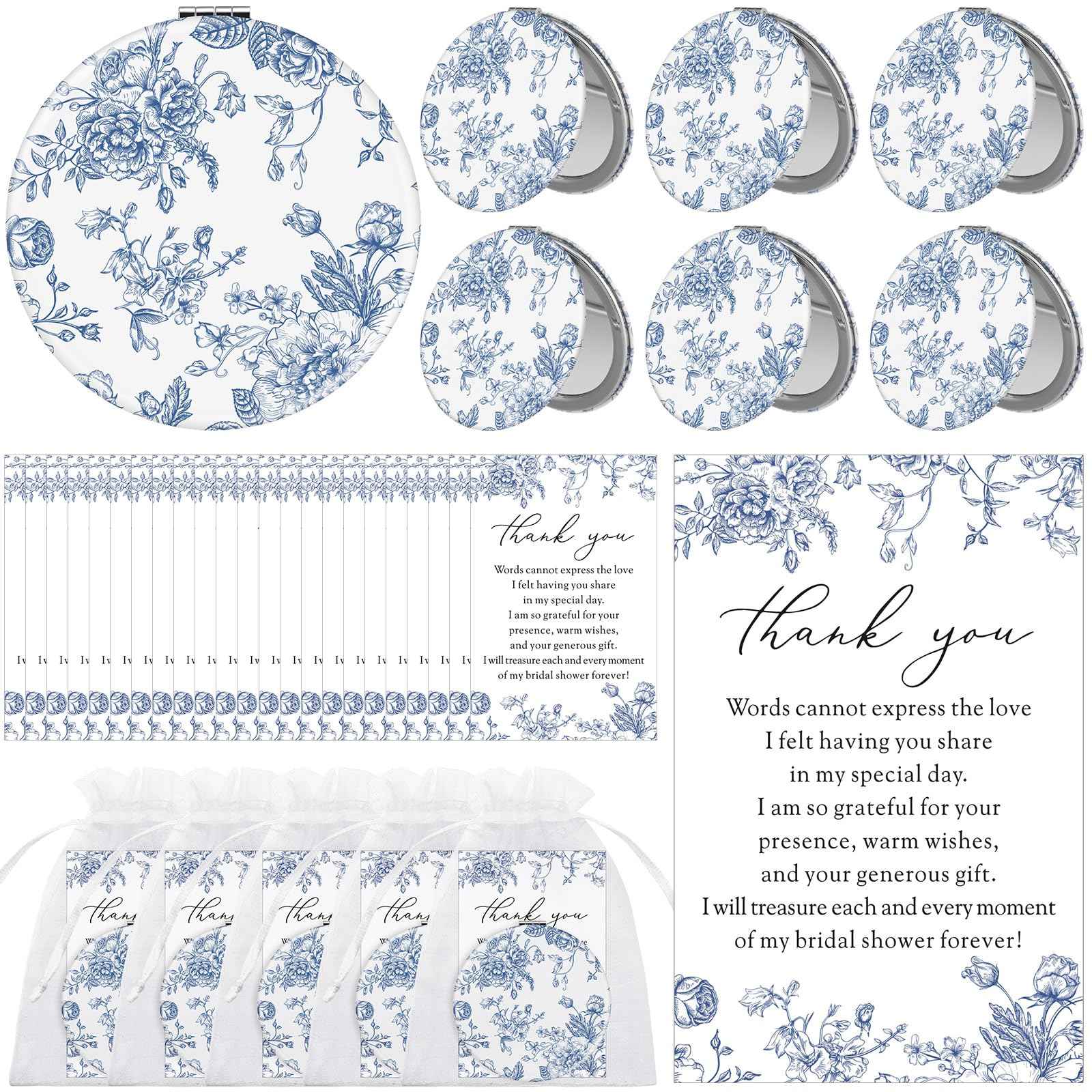 Yalikop 24 Sets Blue Floral Bridal Shower Favors for Guest Flower Folding Leather Compact Makeup Mirror Bulk Thank You Cards with Organza Bags for Bridesmaid Souvenir Gift Wedding Party