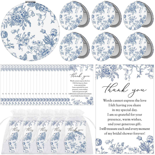 Yalikop 24 Sets Blue Floral Bridal Shower Favors for Guest Flower Folding Leather Compact Makeup Mirror Bulk Thank You Cards with Organza Bags for Bridesmaid Souvenir Gift Wedding Party