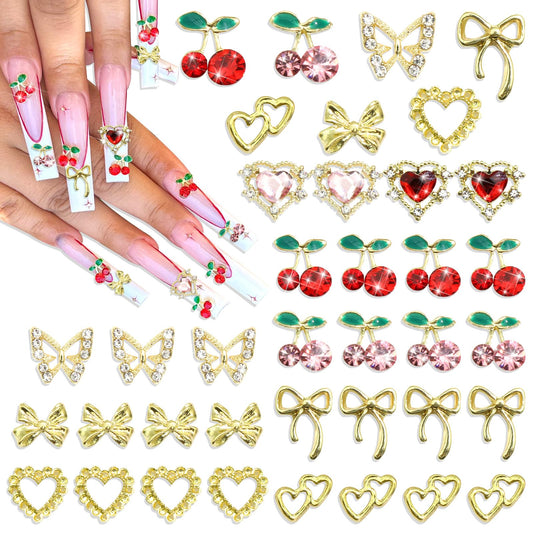 RODAKY 38PCS Cherry Nail Charms Gold Charms for Nails 3D Bow Butterfly Nail Art Charms Pink Red Cherries Nail Gems with Rhinestone Cute Kawaii Nail Decoration for Women Manicure Design