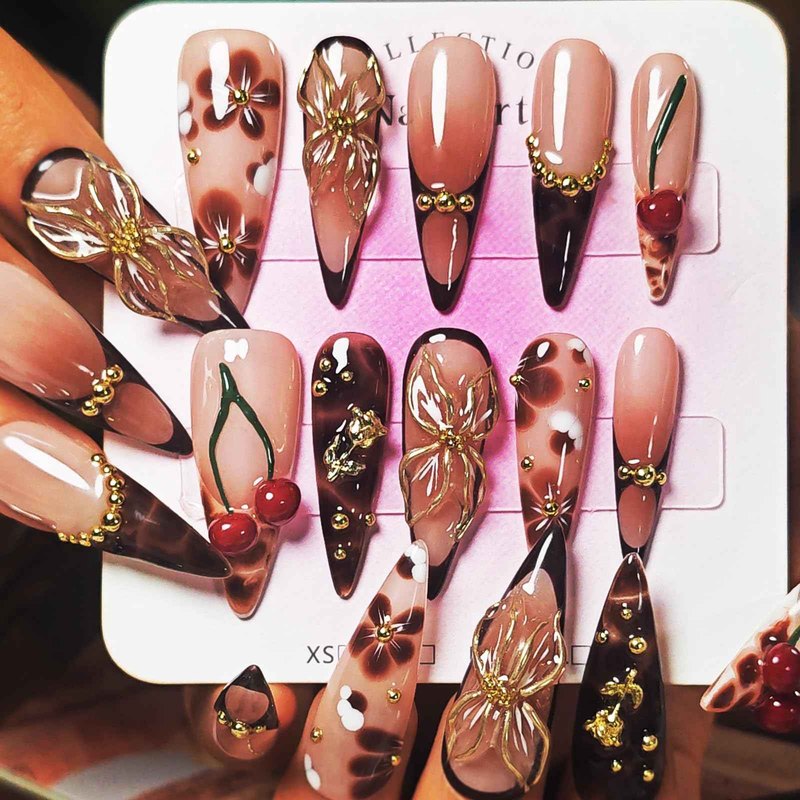 Handmade Press On Nails Stiletto, Brown Press On Nails Long, Flower 3D Acrylic Nails French Tip Blooming Amber Cherry For Women Gift, Reusable Stick On Fake Nails Kit With Nail Glue(Blooming Cherry-M)