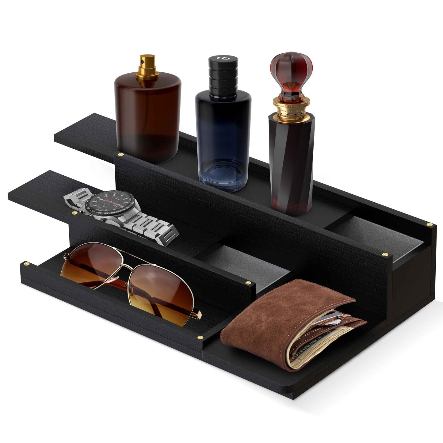 Cologne Organizer for Men - 3-Tier Solid Wood Cologne Stand with Hidden Compartments, Multi-Purpose Perfume Organizer and Display Shelf for Organizing Accessories, Ideal Gift for Men