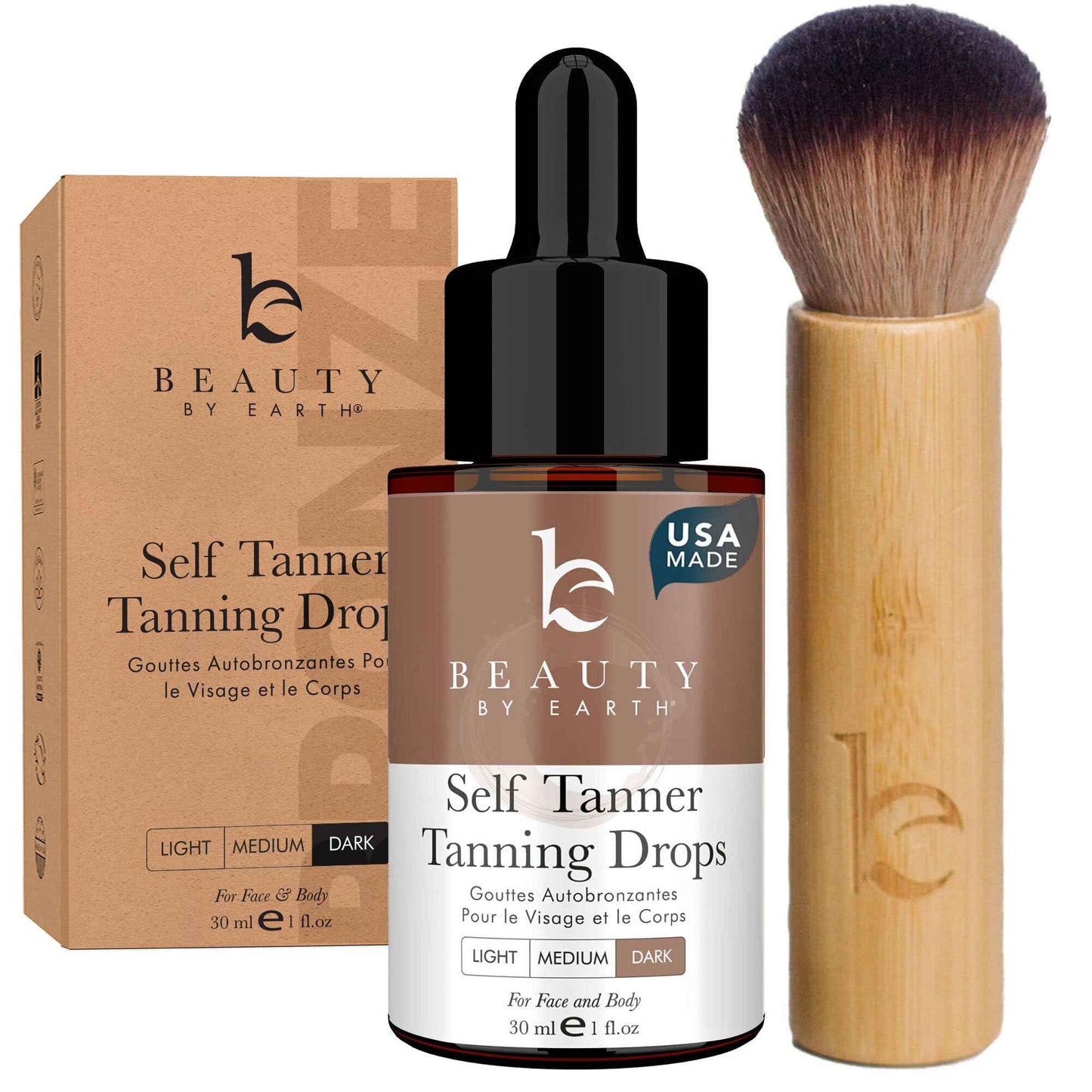 Self Tanning Drops & Kabuki Face Brush - Made with Natural and Organic Ingredients, Dark Face Tanning Drops to Add to Lotion, Moisturizing Bronzing Drops for Face & Body, Toxin Free Face Tanner