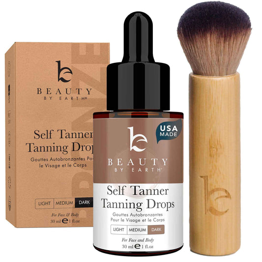 Self Tanning Drops & Kabuki Face Brush - Made with Natural and Organic Ingredients, Dark Face Tanning Drops to Add to Lotion, Moisturizing Bronzing Drops for Face & Body, Toxin Free Face Tanner