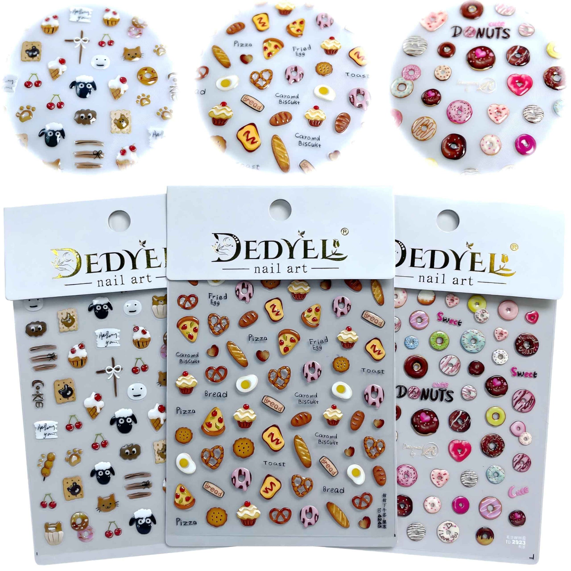 Dedyel Food Nail Art Stickers 3D Cake Dessert Donut Ice Cream Cookies Fruit Bread Self-Adhesive Nail Stickers for Women Girls Kids