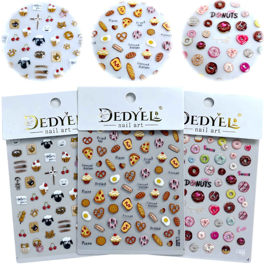 Dedyel Food Nail Art Stickers 3D Cake Dessert Donut Ice Cream Cookies Fruit Bread Self-Adhesive Nail Stickers for Women Girls Kids