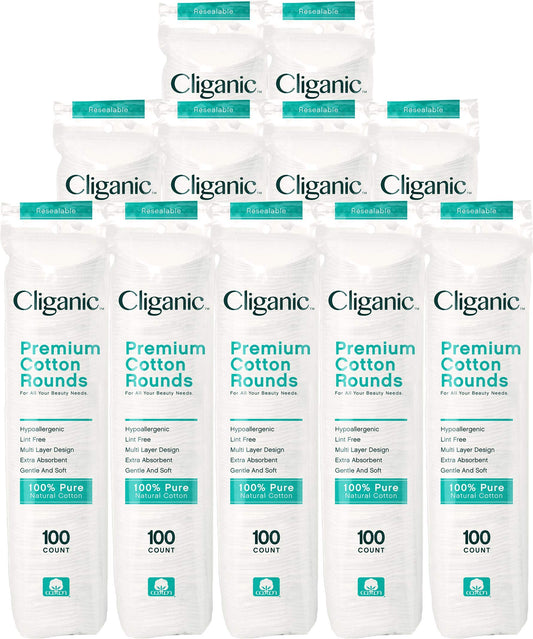 Cliganic Premium Cotton Rounds for Face (Bulk 1200 Count) Makeup Remover Pads, Hypoallergenic, Lint-Free | 100% Pure Cotton