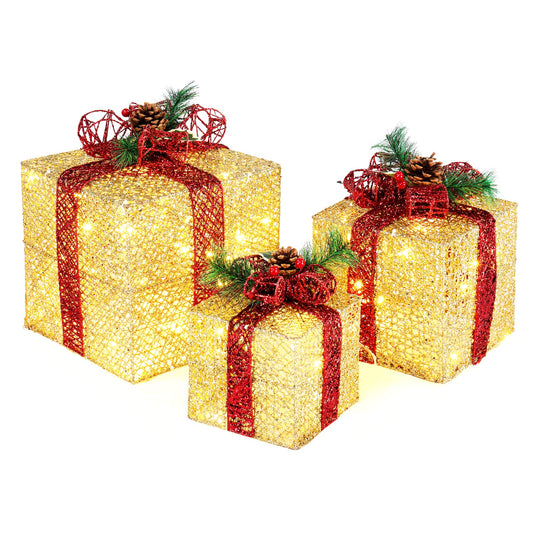 VINGLI Christmas Lighted Gift Boxes Set of 3 with Plug, Weather Proof Nestable Present Boxes Ornament Home Decor Pre-lit 60 LED Lights Pre-Secured Bowknot for Indoor or Outdoor Christmas Decorations