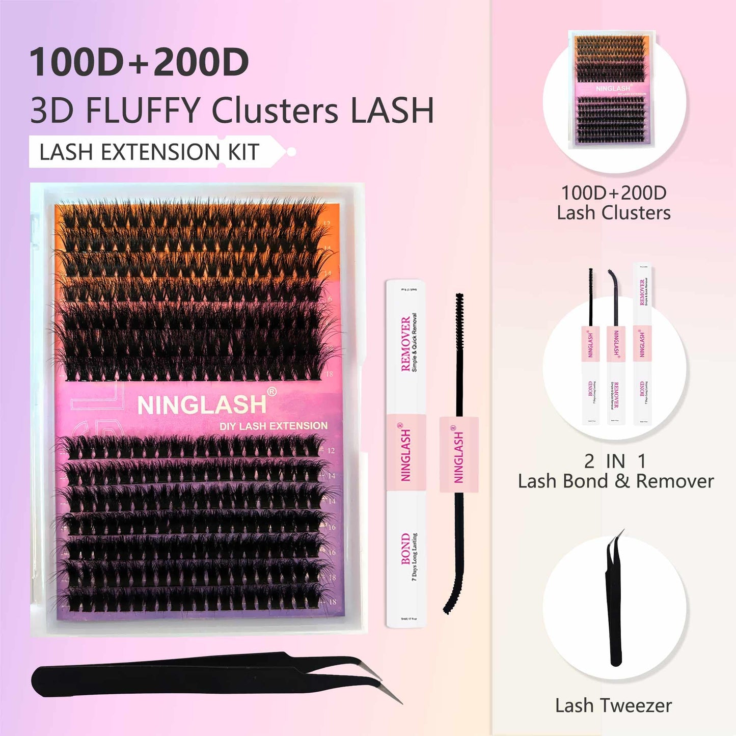 Lash Clusters Fluffy NINGLASH 100D 200D DIY Lash Extension Kit with Lash Bond, Lash Remover, Lash Applicator, Volume 280 Pcs Cluster Eyelashes Extension Individual Eyelashes Kit Thick Eyelash 12-18mm