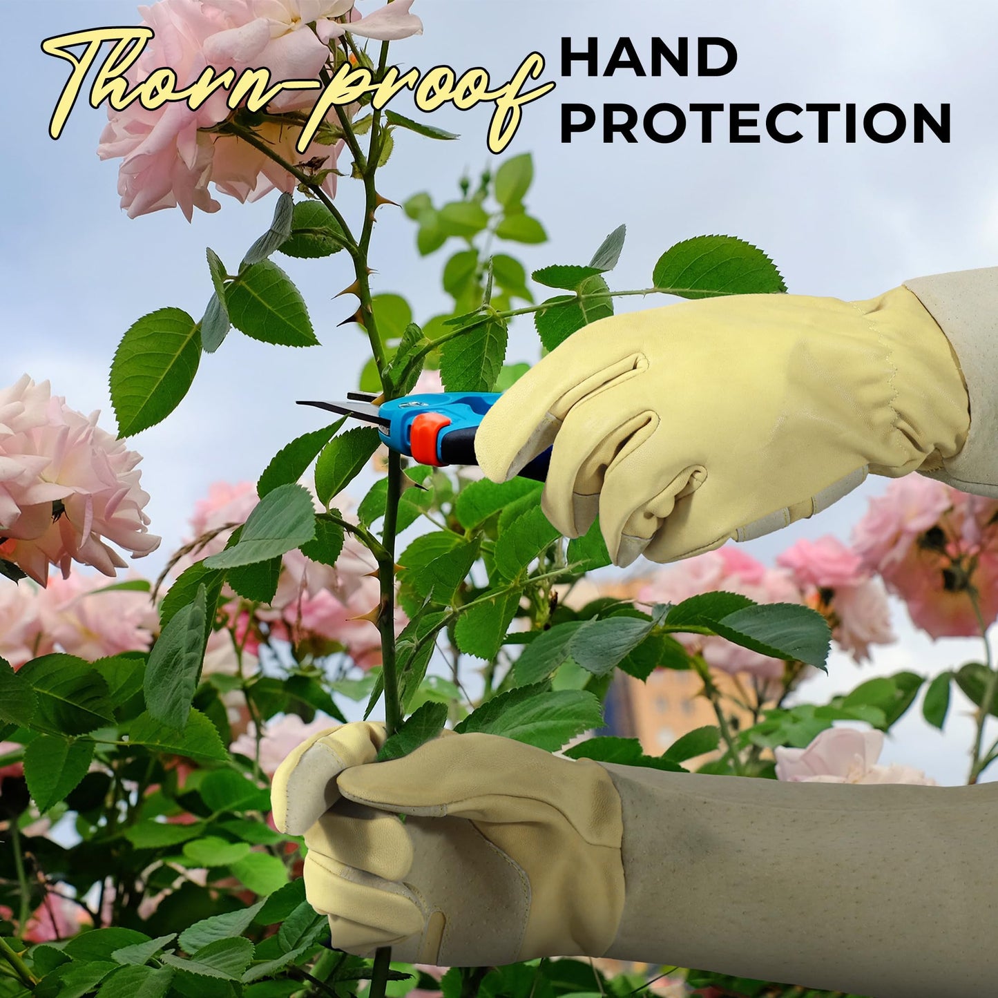 HANDLANDY Pruning Gloves Long for Men & Women, Rose Thorn Proof Gardening Gloves- Gardening Gifts for Gardeners (Beige- goatskin, Medium (Pack of 1))