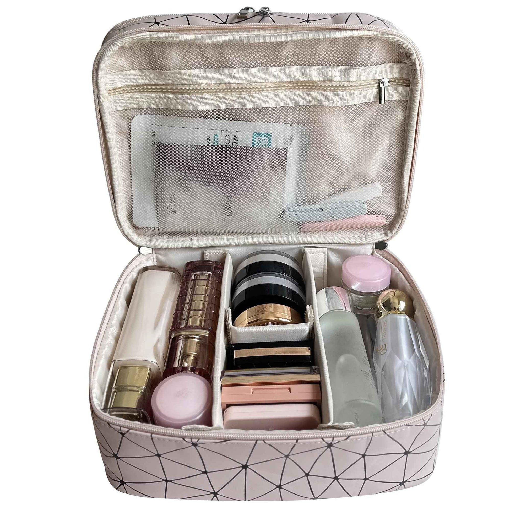MKPCW makeup bag large Double-layer cosmetic bag with brush bag and divider (Pink+ three dividers)