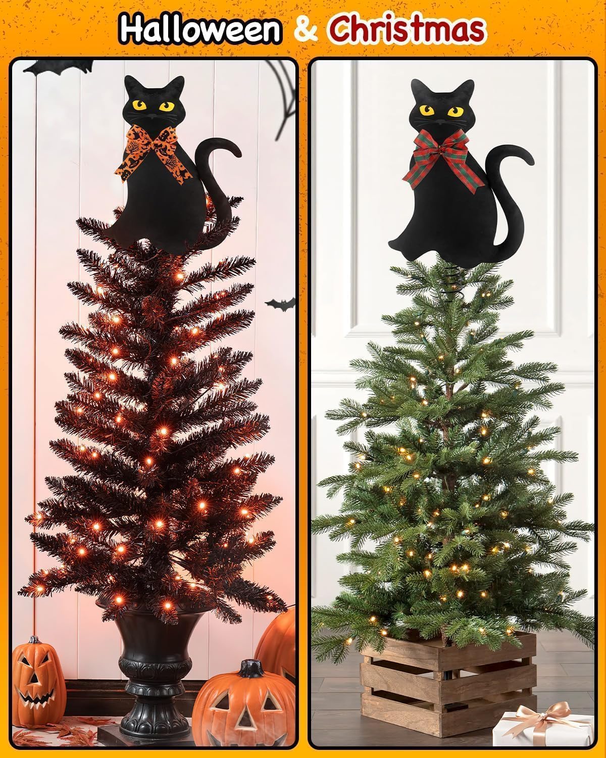 Black Cats Christmas Tree Topper with Stand and Changeable Bows Halloween Xmas Tree Ornament Winter Holidays Home Decorations Cat Lovers Gift Ideas