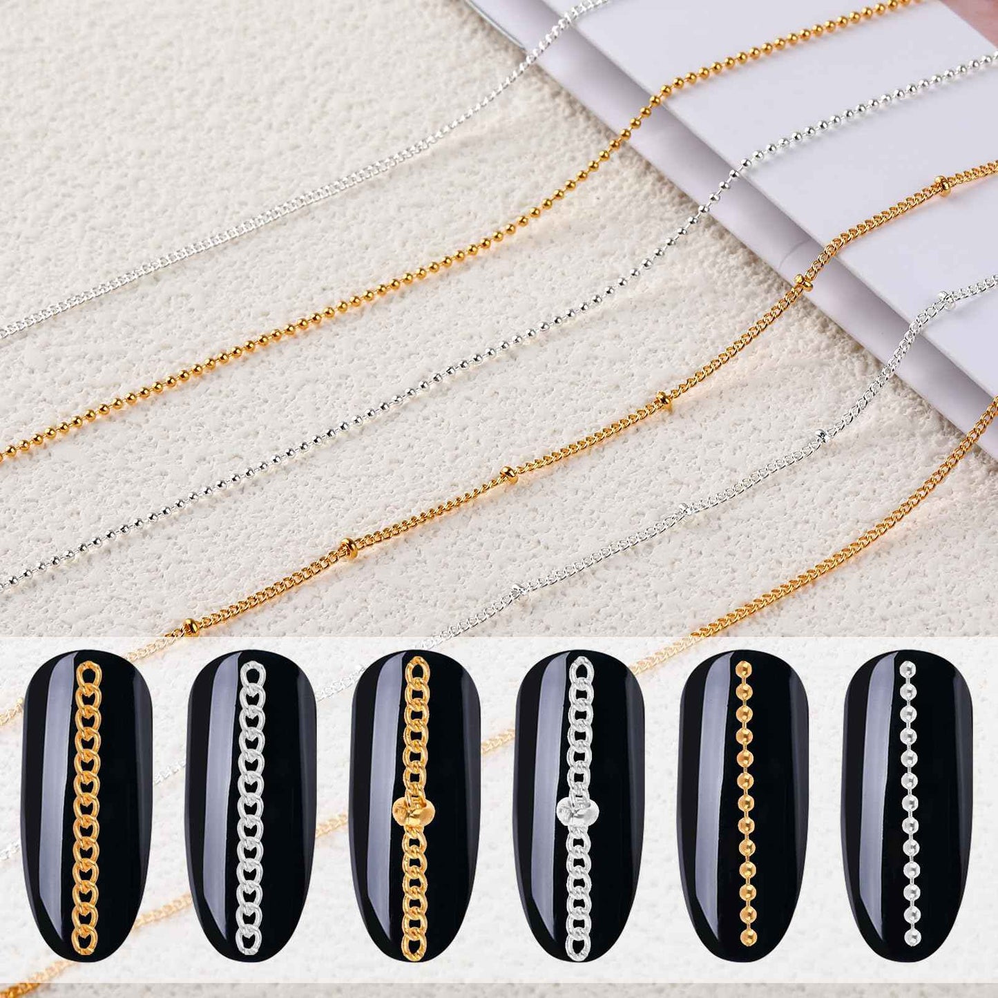Tucnoeu 1 Box 6 Strips Nail Chains for Nail Art Gold Nail Chains Nail Art Charms Silver Chain Accessories Punk Nail Charms Nail Studs Silver Chain Accessories For Women Nail Art