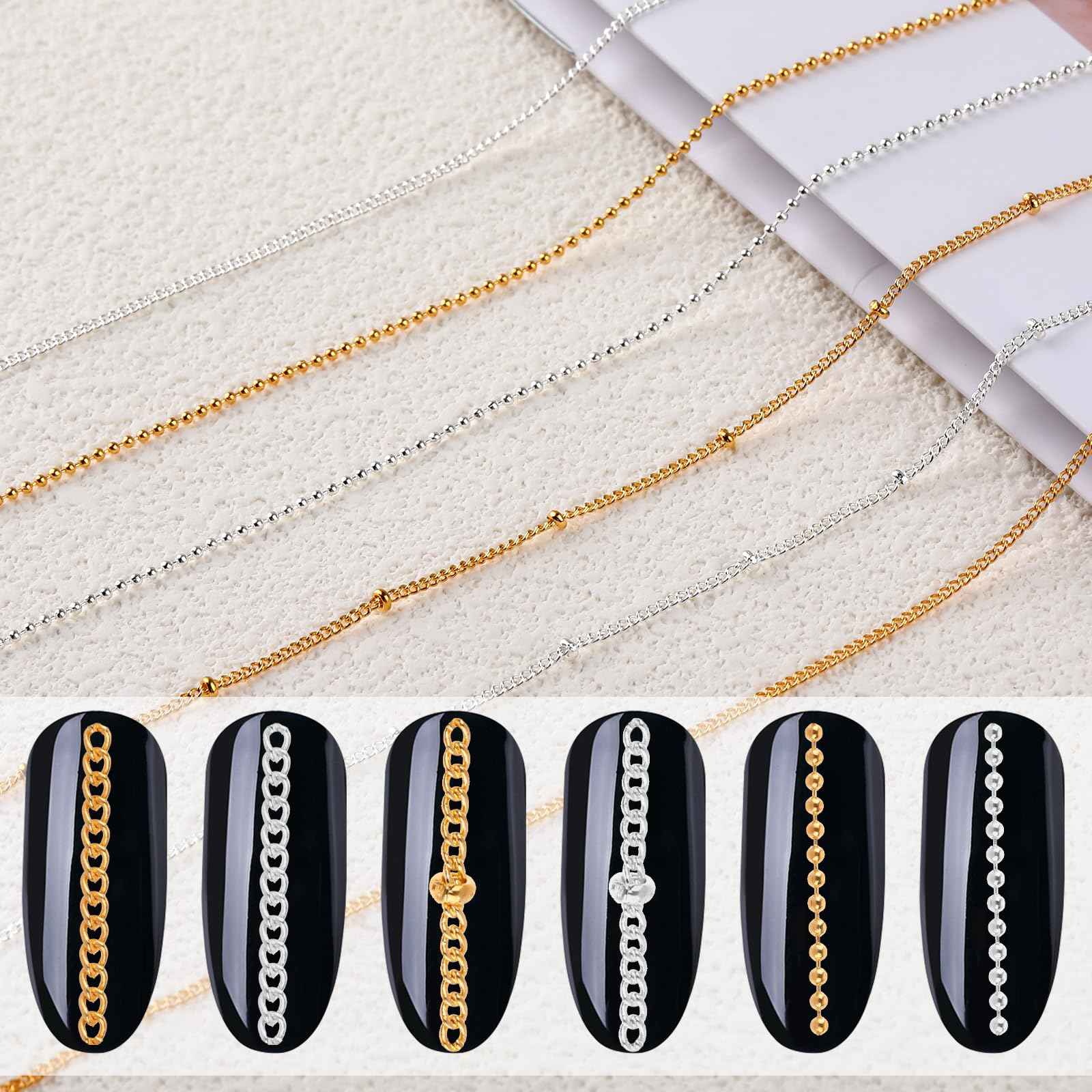 Tucnoeu 1 Box 6 Strips Nail Chains for Nail Art Gold Nail Chains Nail Art Charms Silver Chain Accessories Punk Nail Charms Nail Studs Silver Chain Accessories For Women Nail Art