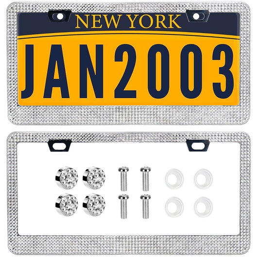 Narrow Diamond License Plate Frames 2 Pack- AIRXWILLS Rhinestone License Plate Frame for Women, Stainless Steel Sparkly Car Plate Frame, Bling Valve Stem Caps Included