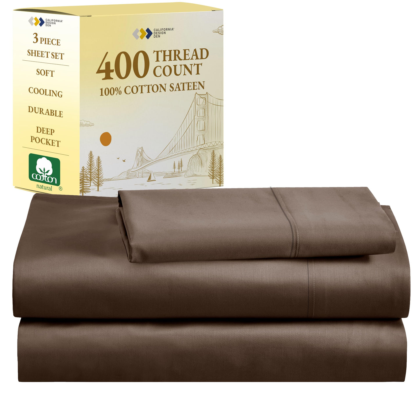 California Design Den Twin Bed Sheets 400 Thread Count, 100% Cotton Sateen Sheets for Twin Size Bed, Soft & Breathable, Cooling Brown Bed Sheet, Deep Pocket Bed Sheets (Brown)