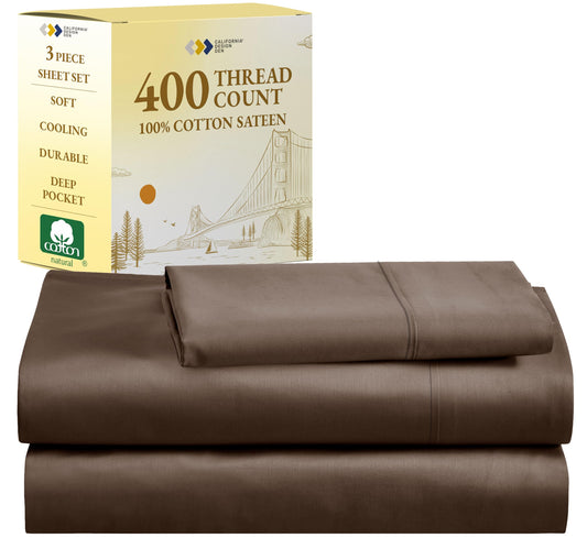 California Design Den Twin Bed Sheets 400 Thread Count, 100% Cotton Sateen Sheets for Twin Size Bed - Soft, Breathable & Cooling Brown Bed Sheet, 3-Pc Deep Pocket Bed Sheets - Brown