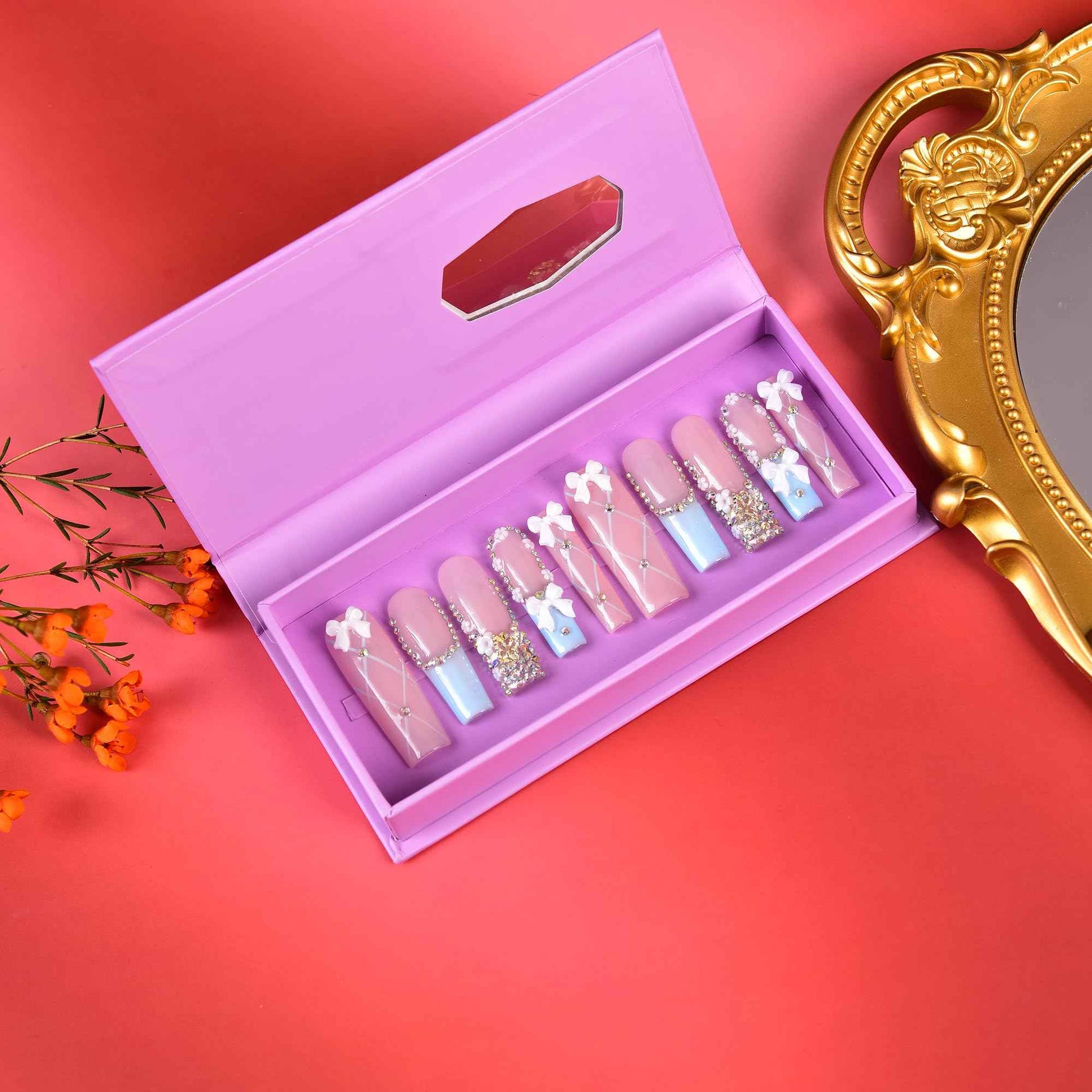 Tmani 10pc/set Extra Long Handmade Press On Nail Hot Girl's Long Ballet Square Nail Full of Diamond Glitter Decoration Fake Nails Suitable For Girls Festival Parties and Birthday Gift（238,Size-S)