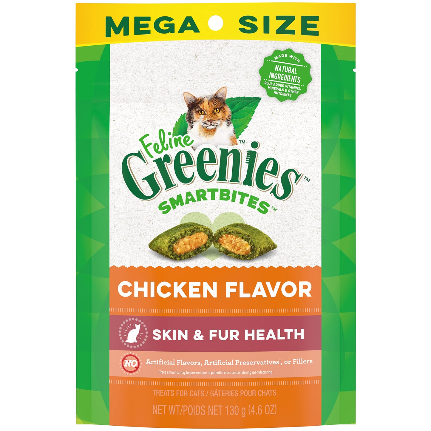 Greenies Feline Smartbites Skin & Fur Crunchy and Soft Natural Cat Treats, Chicken Flavor, 4.6 oz. Pack