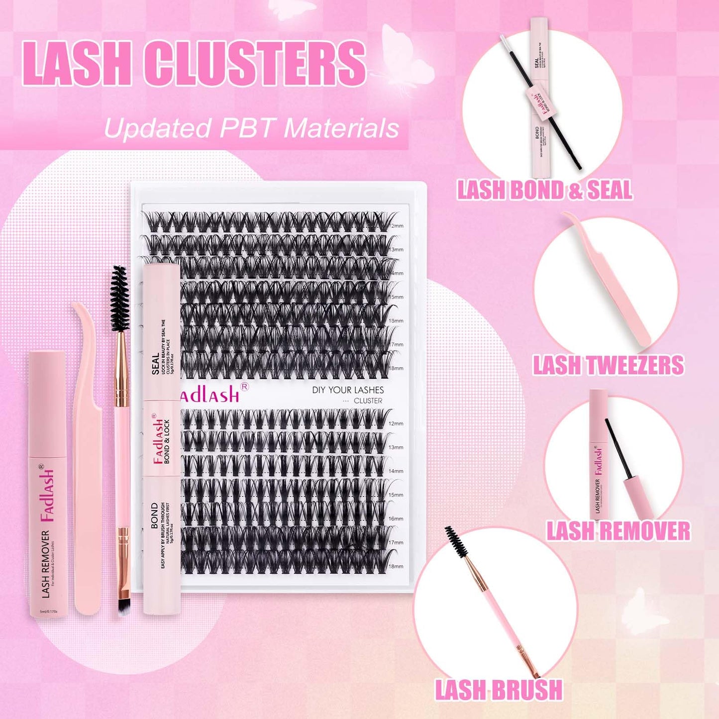 FADLASH DIY Lash Extension Kit Individual Lashes Cluster D Curl Eyelash Extension Kit D Curl Lash Clusters Lash Applicator Tool for Self Application at Home(KIT 40D+50D-D-12-18mm)