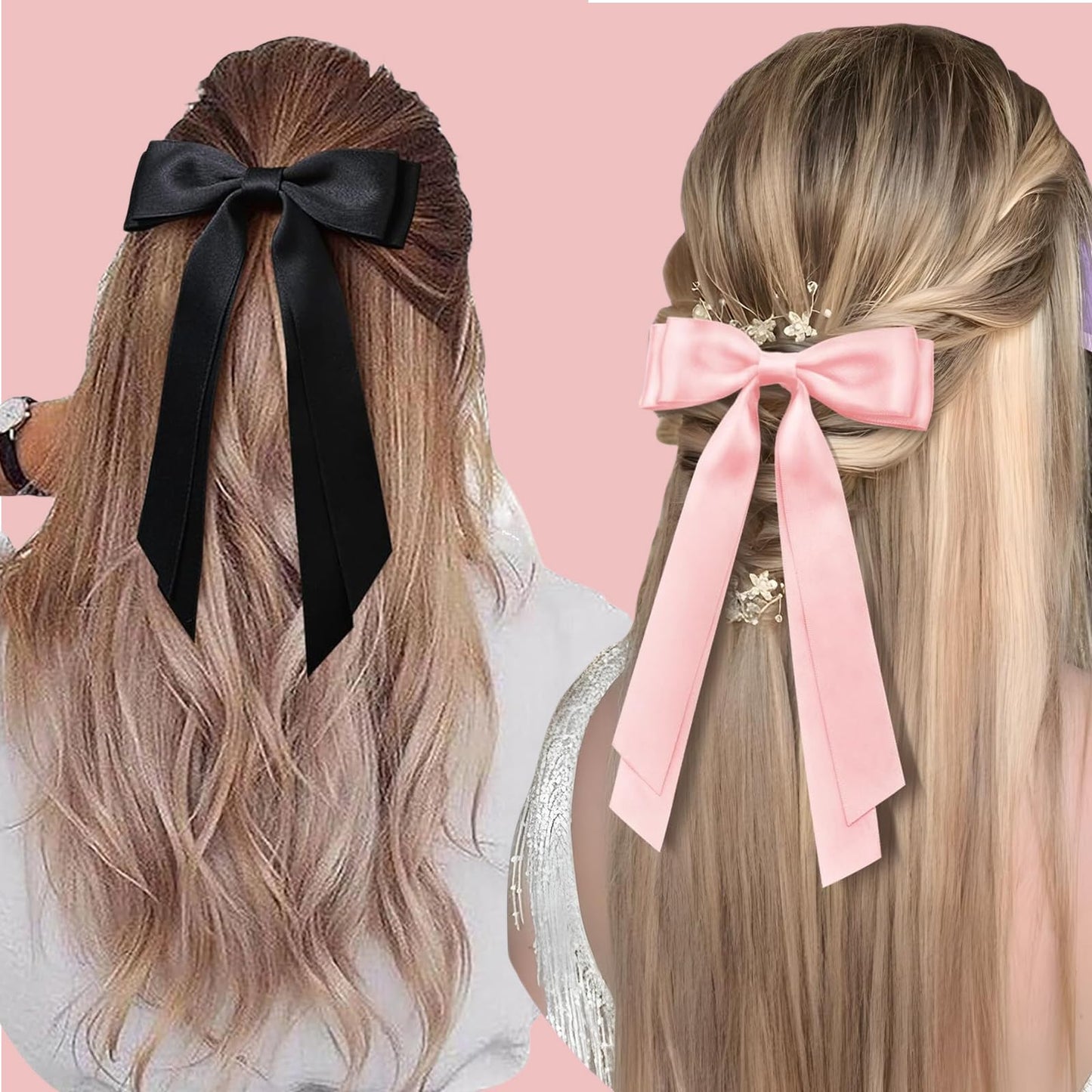 Women Hair Bow Clips 2 Pcs, Cute Silky Satin Hair Bowknot Clips Hairclips Double Ribbon Tassel Ponytail Holder Accessories, Hair Bow Barrettes Clips for Girls Toddlers Teens Kids Gifts, Black+Pink