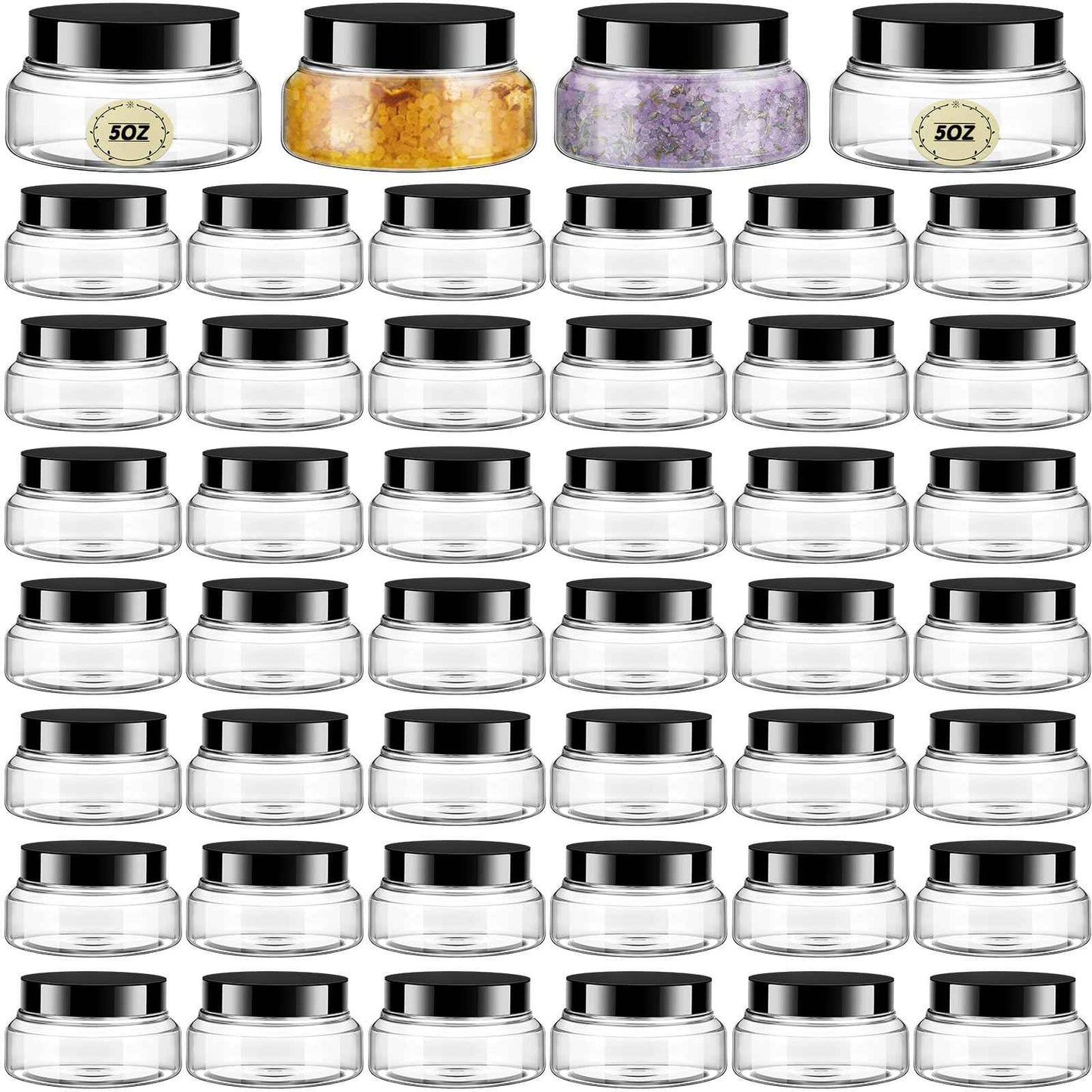 Tessco 48 Pcs Plastic Jars with Lids and Labels Body Scrub Jars Round Refillable Cosmetic Containers Empty Butter Travel Containers for Sugar Scrub Lotions Cosmetics Cream (5 oz,Clear)