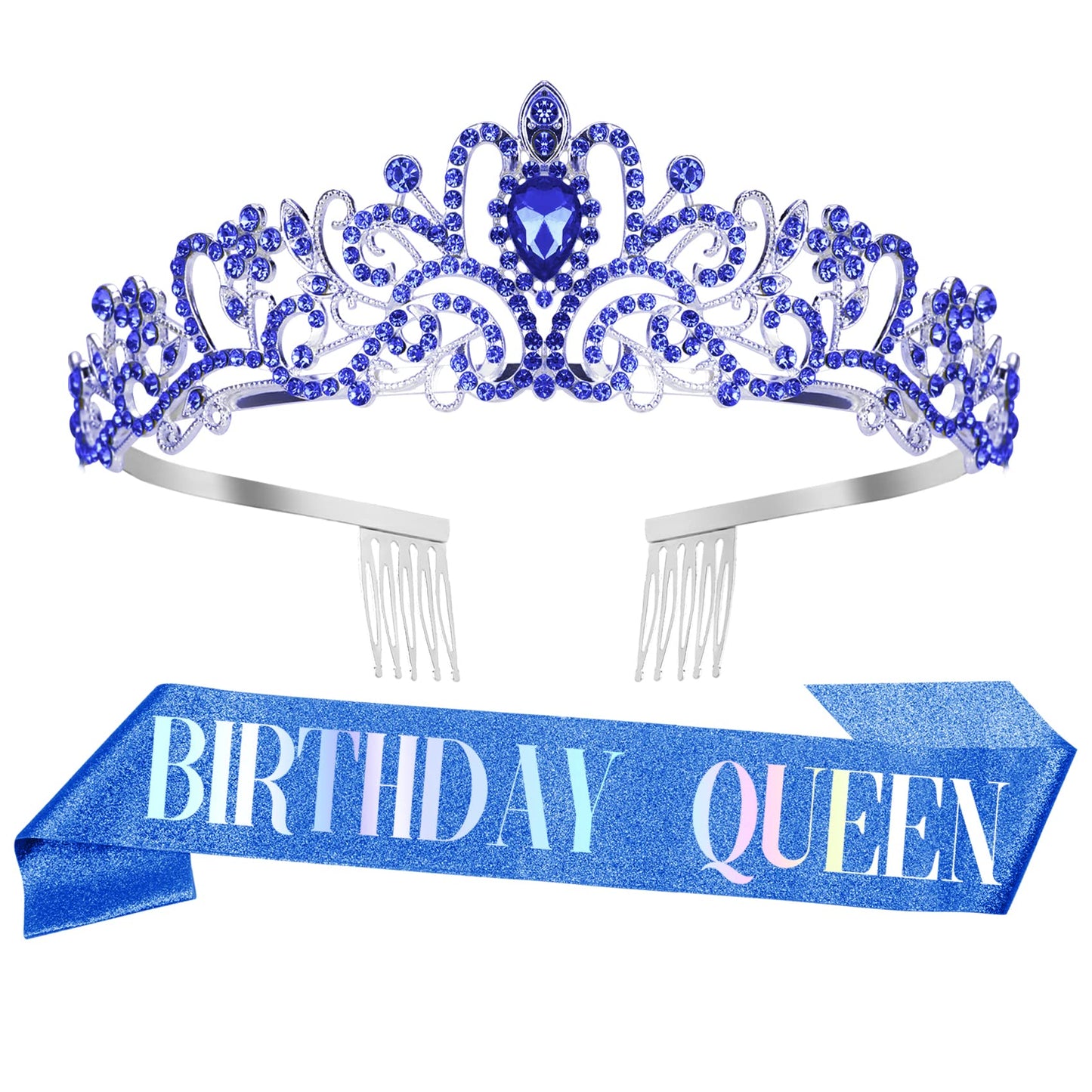 Girls Blue Tiara Sash Rhinestone Crystal Headband Princess Queen Crown Happy Birthday Decorations Accessories Gifts