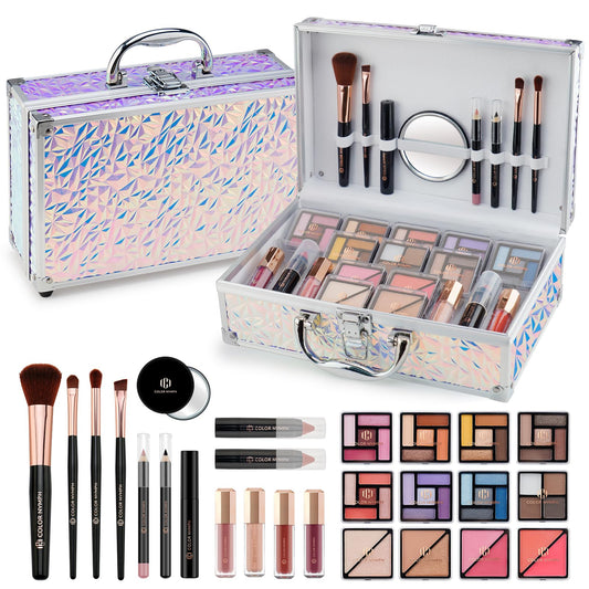 Color Nymph All in One Makeup Kit Train Case for Women Full Kit with Eye Shadow, Lipstick, Blush, Brushes, Lipgloss, Mascara, Brow Wax and Mirror Silver Full Starter Cosmetics Set
