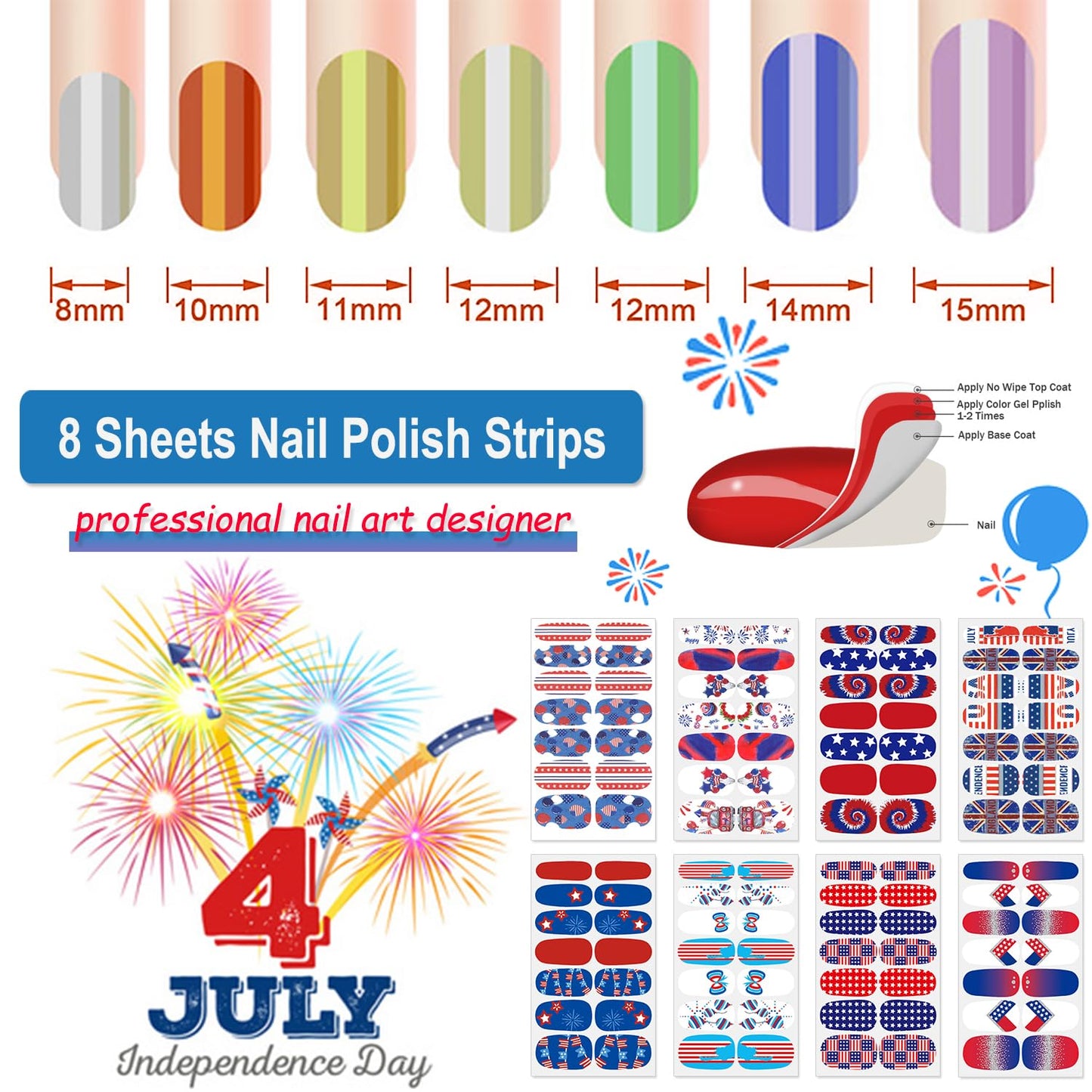 DANNEASY 8 Sheets 4th of July Independence Day Nail Polish Stickers Full Nail Wraps for Women Self Adhesive Nail Polish Strips Fingernail Sticker Stick on Nails with Nail File, Cuticle Stick