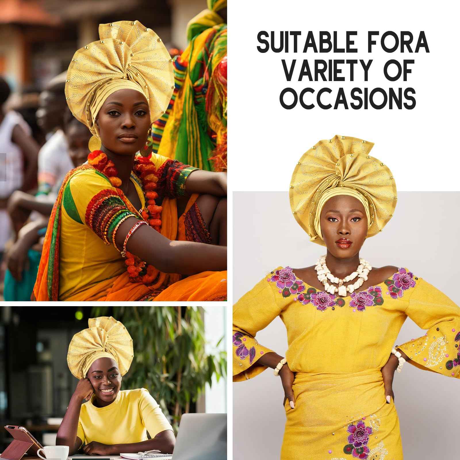 Nigerian headwear for Women African headscar,Auto Gele headband,hand wrap beaded - made for weddings parties events (Gold)