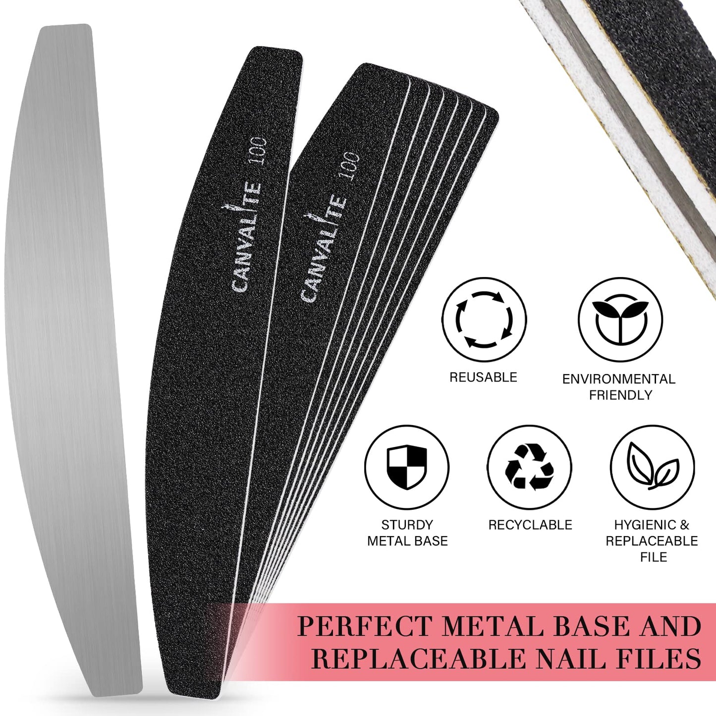 Canvalite 40 PCS Nail File Professional Reusable Peel and Stick Nail Files Replaceable Emery Boards 100 Grit Fingernail Files Manicure Tools for Home and Salon Use