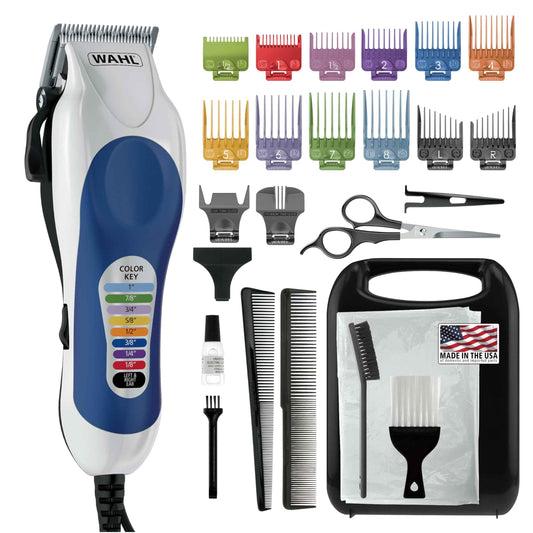 Wahl Clipper USA Color Pro Complete Haircutting Kit with Easy Color Coded Guide Combs - Corded Clipper for Hair Clipping & Grooming Men, Women, & Children - Model 79300-1001M
