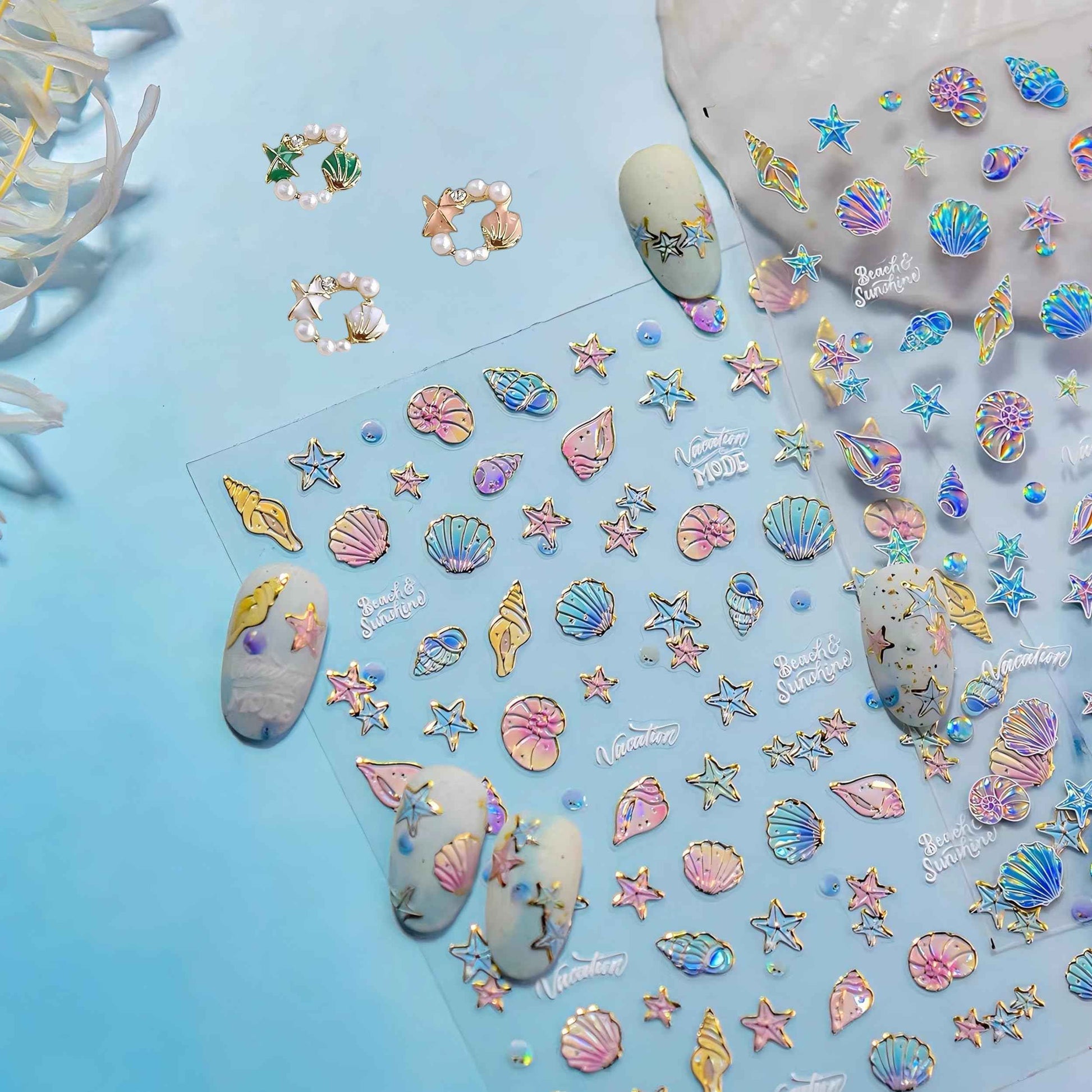 Dedyel Beach Nail Art Stickers 5D Embossed Seashell Starfish Dolphin Summer Self Adhesive Nail Stickers for Women Girls DIY Manicure Decoration