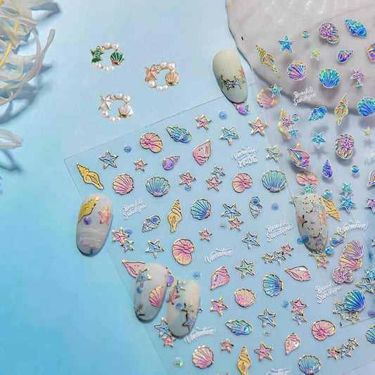 Dedyel Beach Nail Art Stickers 5D Embossed Seashell Starfish Dolphin Summer Self Adhesive Nail Stickers for Women Girls DIY Manicure Decoration