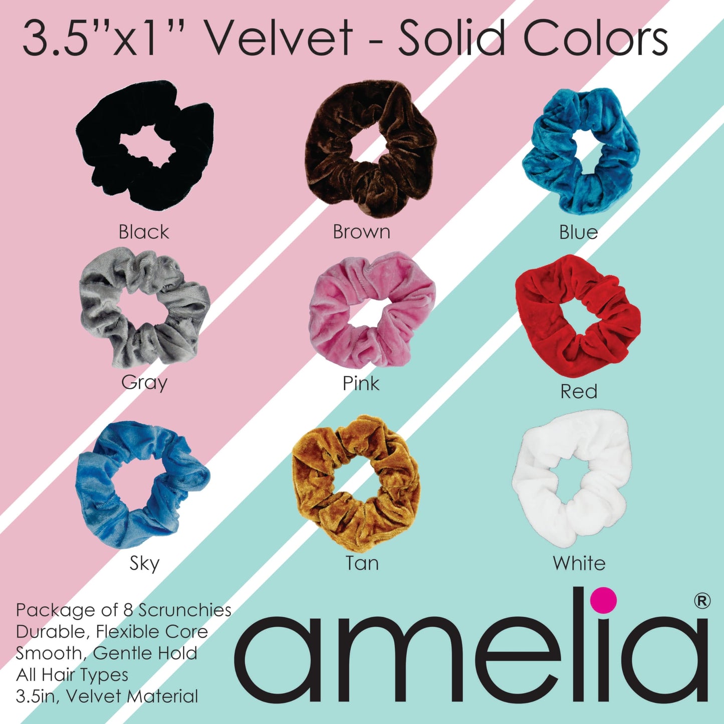 Amelia Beauty, Blue Velvet Scrunchies, Medium 3.5in, Gentle on Hair, Strong Hold, No Snag, No Dents or Creases. 8 Pack