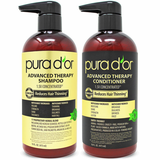 PURA D'OR Anti-Thinning Advanced Therapy Biotin Shampoo & Conditioner Hair Care Set, Clinically Proven, DHT Blocker Hair Thickening Products For Women & Men, Natural Daily Routine Shampoo, 16oz x 2