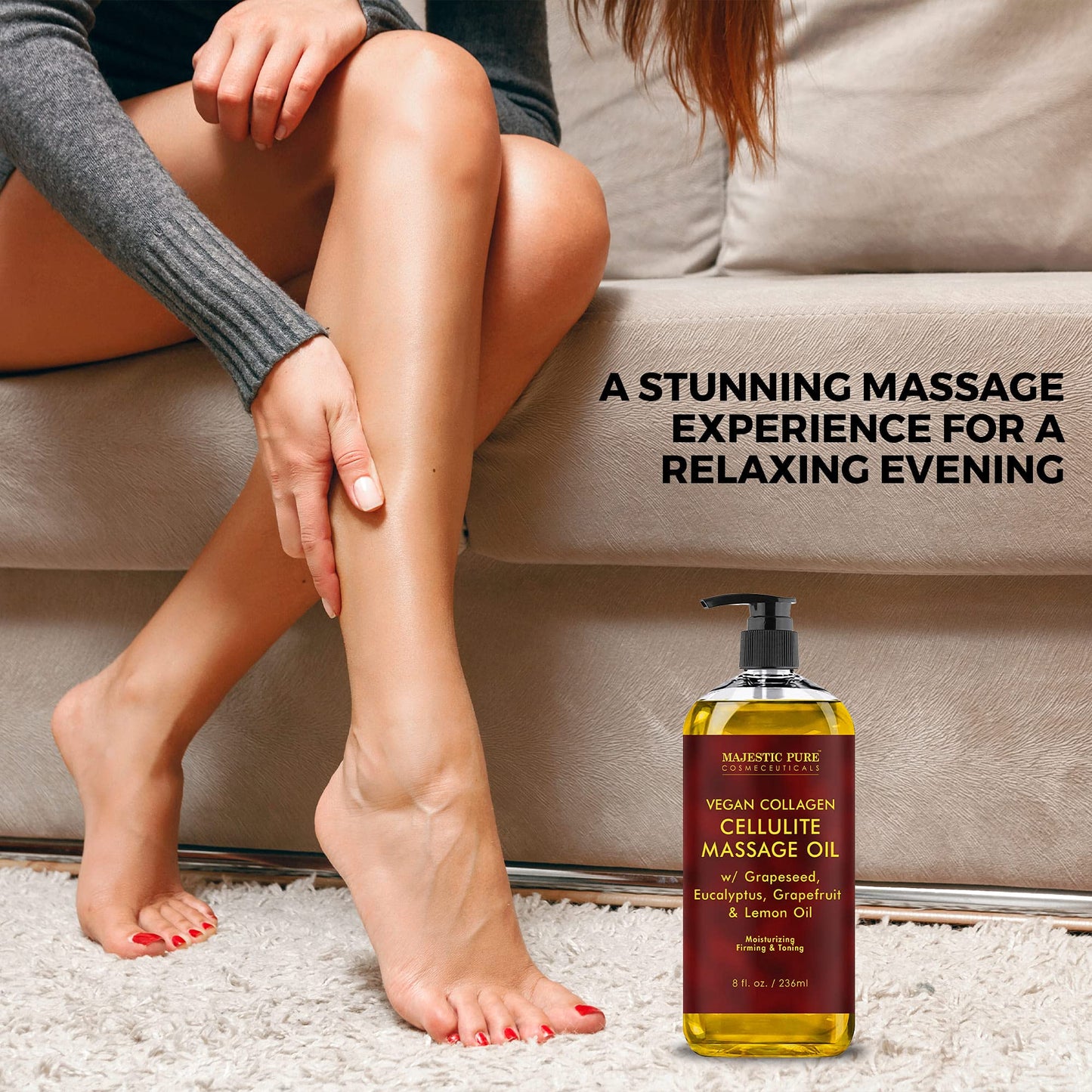 MAJESTIC PURE Cellulite Massage Oil - with Vegan Collagen & Stem Cells, Unique Blend of Massage Essential Oils - Anti Cellulite Oil Improves Skin Tightening and Firming, 2 x 8 fl oz