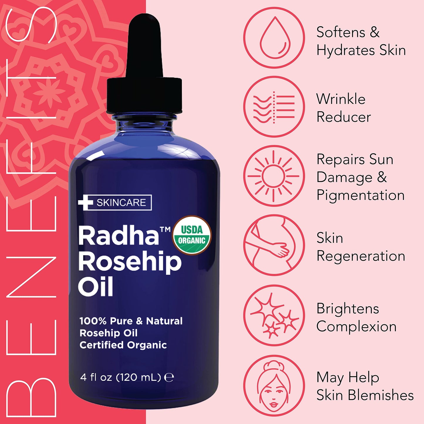 Radha Beauty 4 oz Organic Rosehip Seed Oil 100% Pure Cold Pressed - Great Carrier Oil for Moisturizing Face, Hair, Skin, & Nails, Hydrating and Nourishing