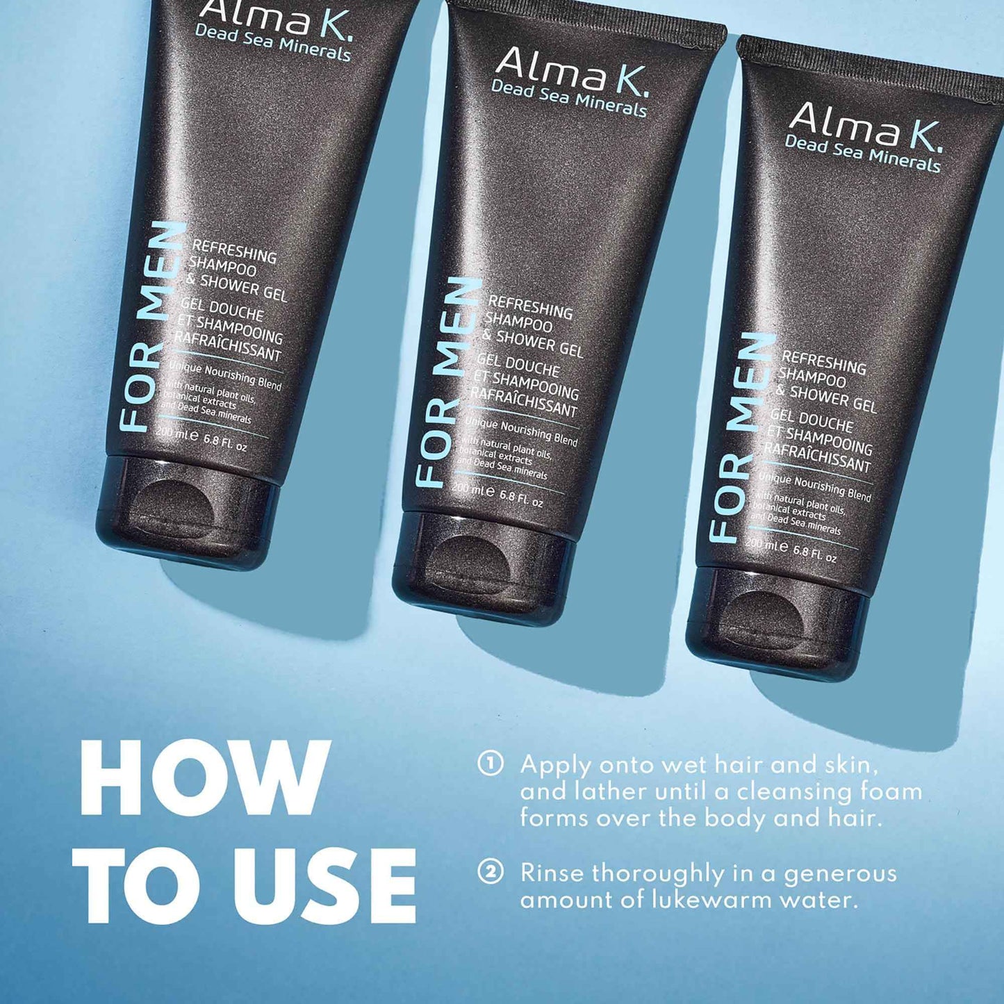 ALMA K Refreshing Shampoo and Shower Gel - 2 in 1 Mens Body Wash and Clarifying Shampoo - Antioxidant-Rich with Argan Oil, Dead Sea Minerals - 6.8 oz (Pack of 2)