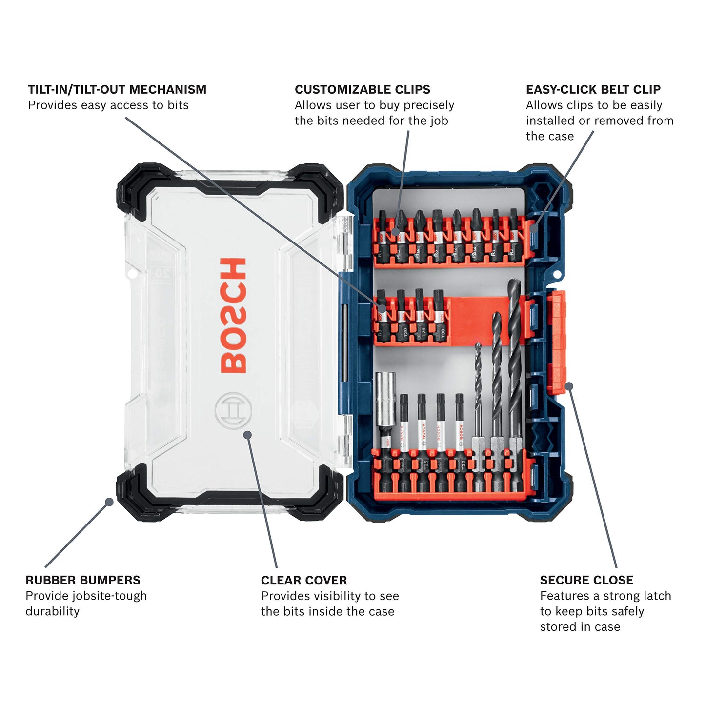 BOSCH DDMS20 20-Piece Assorted Impact Tough Drill Drive Custom Case System Set for Drilling and Driving Applications