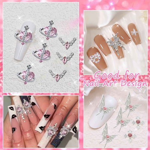 70PCS Silver Nail Charms,Y2K Nail Art Rhinestone Charms 3D Heart Bow Star with Rhinestones,Charms for Nails Design,Accessories Supplies (Silver Pink 2)