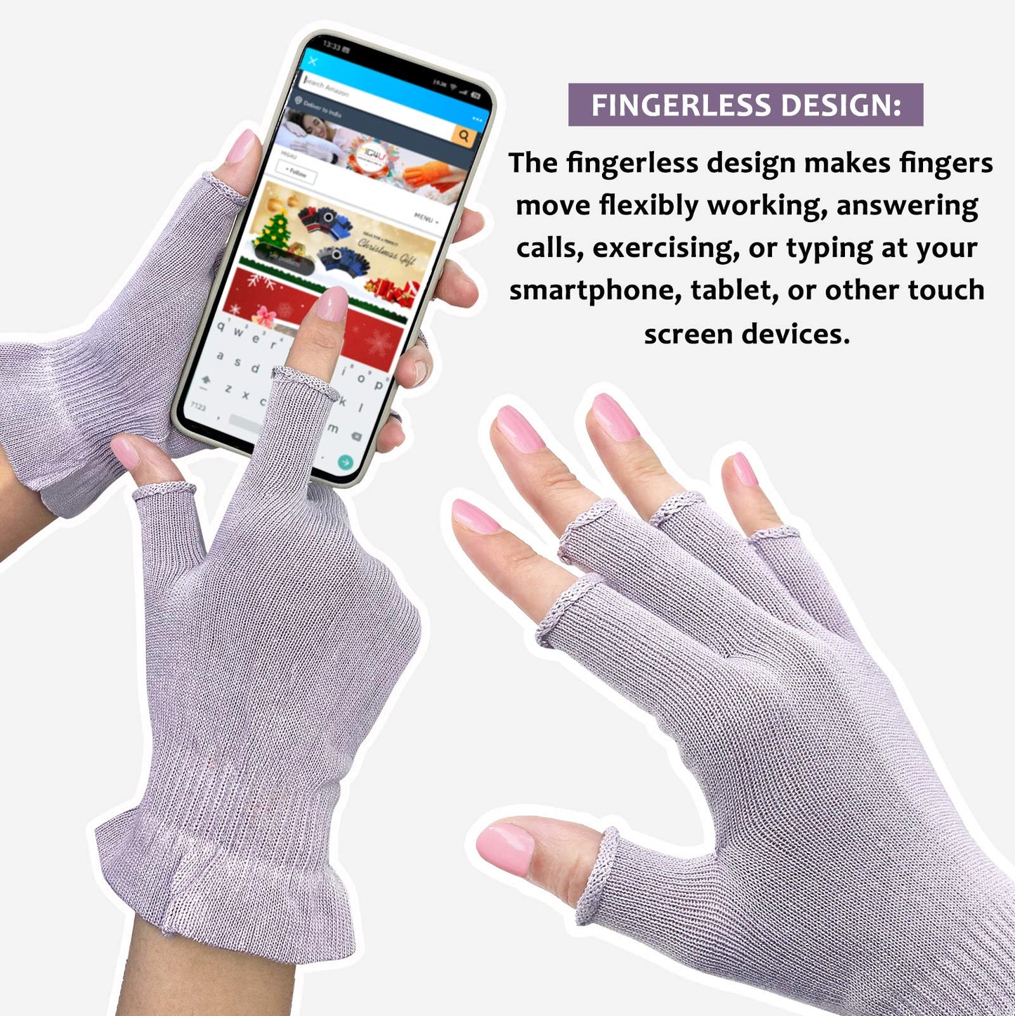 MIG4U Fingerless Moisturizing Gloves, Half Finger Touchscreen Beauty Glove for Eczema, SPA, Dry Hands, Skin Treatment, Summer Sun UV Protection, Pale Purple, 1 Pairs S/M