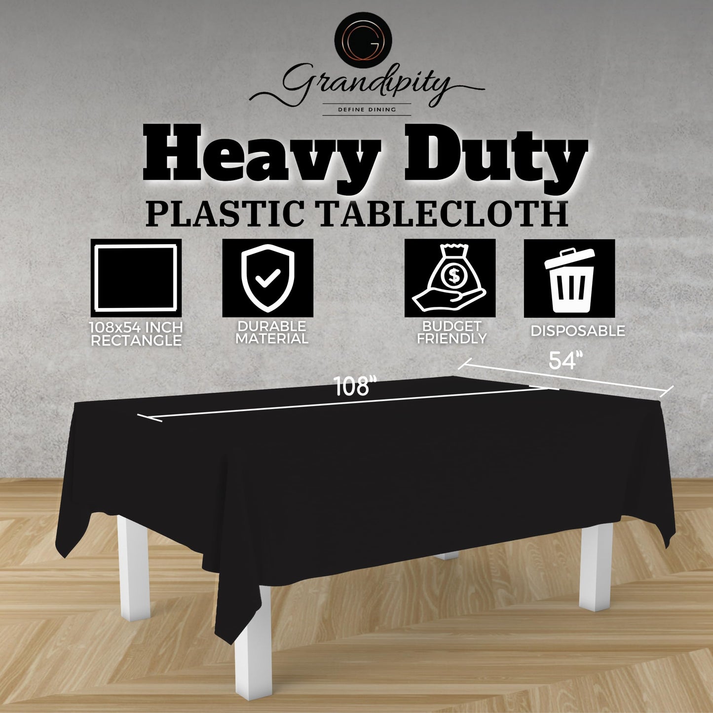 Grandipity Black 12 Pack Premium Disposable Plastic Tablecloth 54 Inch. x 108 Inch. Decorative Rectangle Table Cover