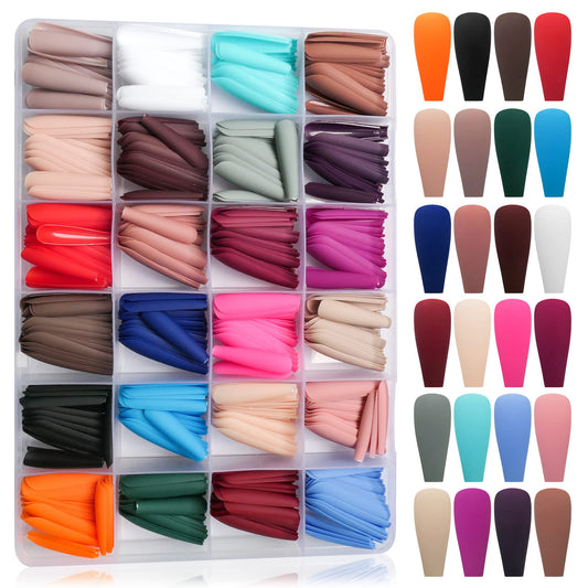 AddFavor 576pcs Press on Nails Long Coffin Fake Nails Full Cover Matte Ballerina Acrylic Artificial False Nail Tips 24 Colors 10 Sizes for Women Girls