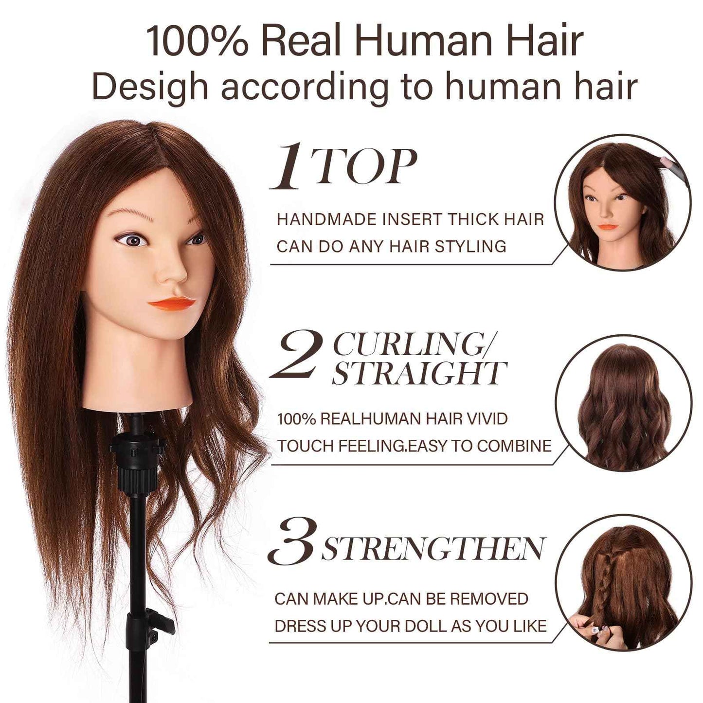 Mannequin Head with 100% Real Hair, Cenoz 18" Hairdresser Cosmetology Training Head with Stand and Tool, Manikin Training Practice Head, Doll Head for Hair Styling （Dark brown）