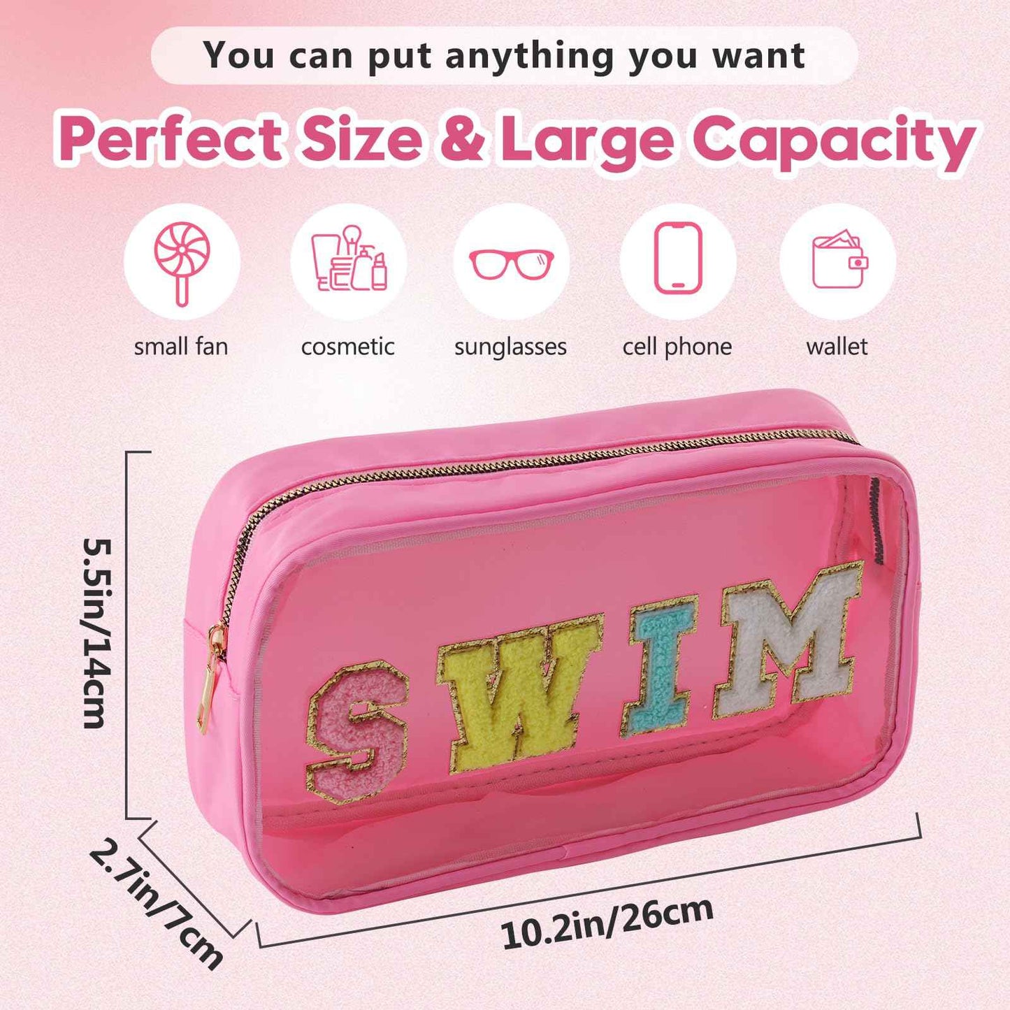 Swim Chenille Letter Makeup Bag,Waterproof Cute Women Clear Cosmetic Bags Sunscreen Organizer for Beach Pool Swimming Team Swimmers,Travel Toiletry SPF Zipper Pouches for Teen Girls (PINK-SWIM)