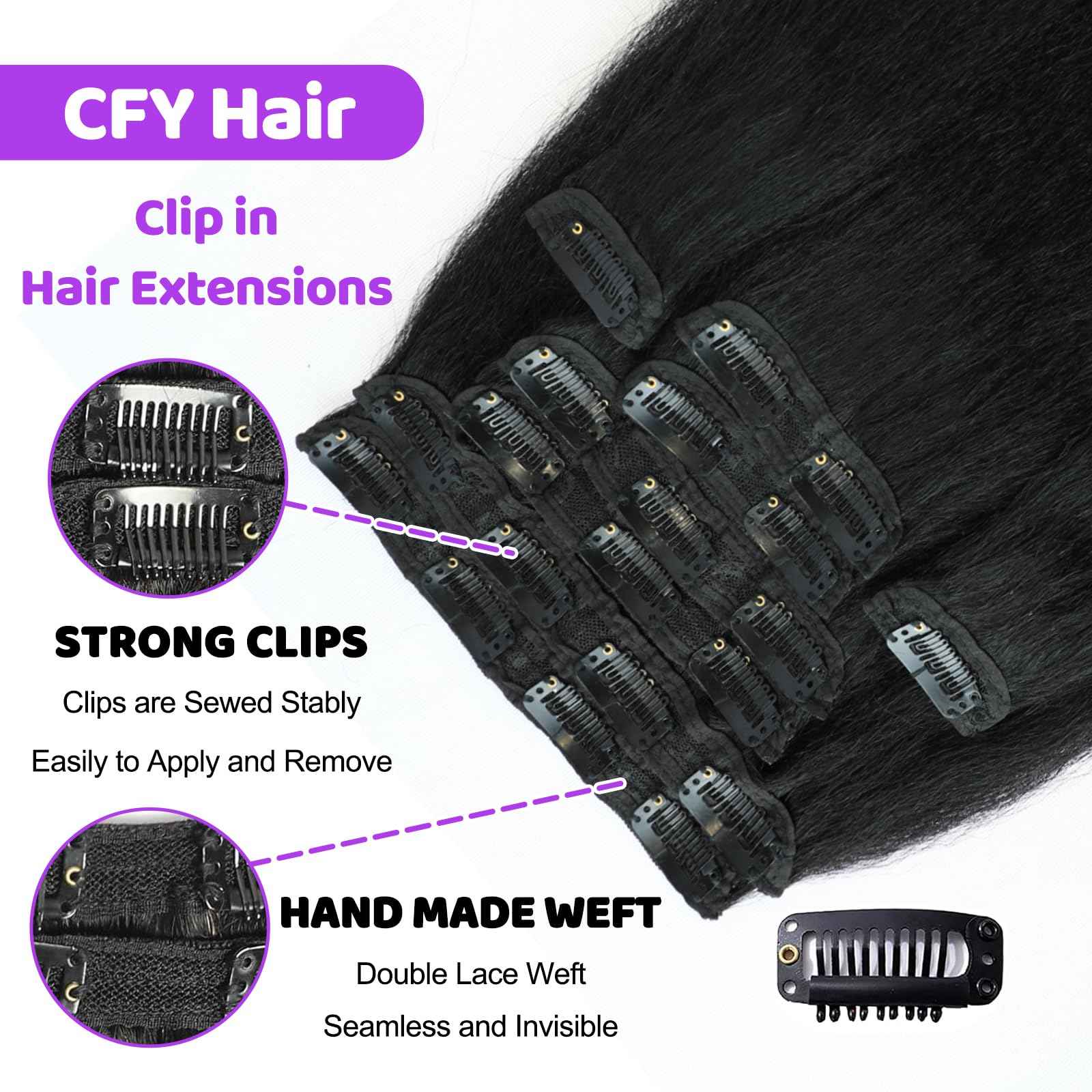 Clip in Hair Extensions Real Human Hair 14 inch Kinky Straight Clip ins For Black Women Remy Human Hair Extensions Clip ins Natural Color 8pcs 20 Clips 100g/Set