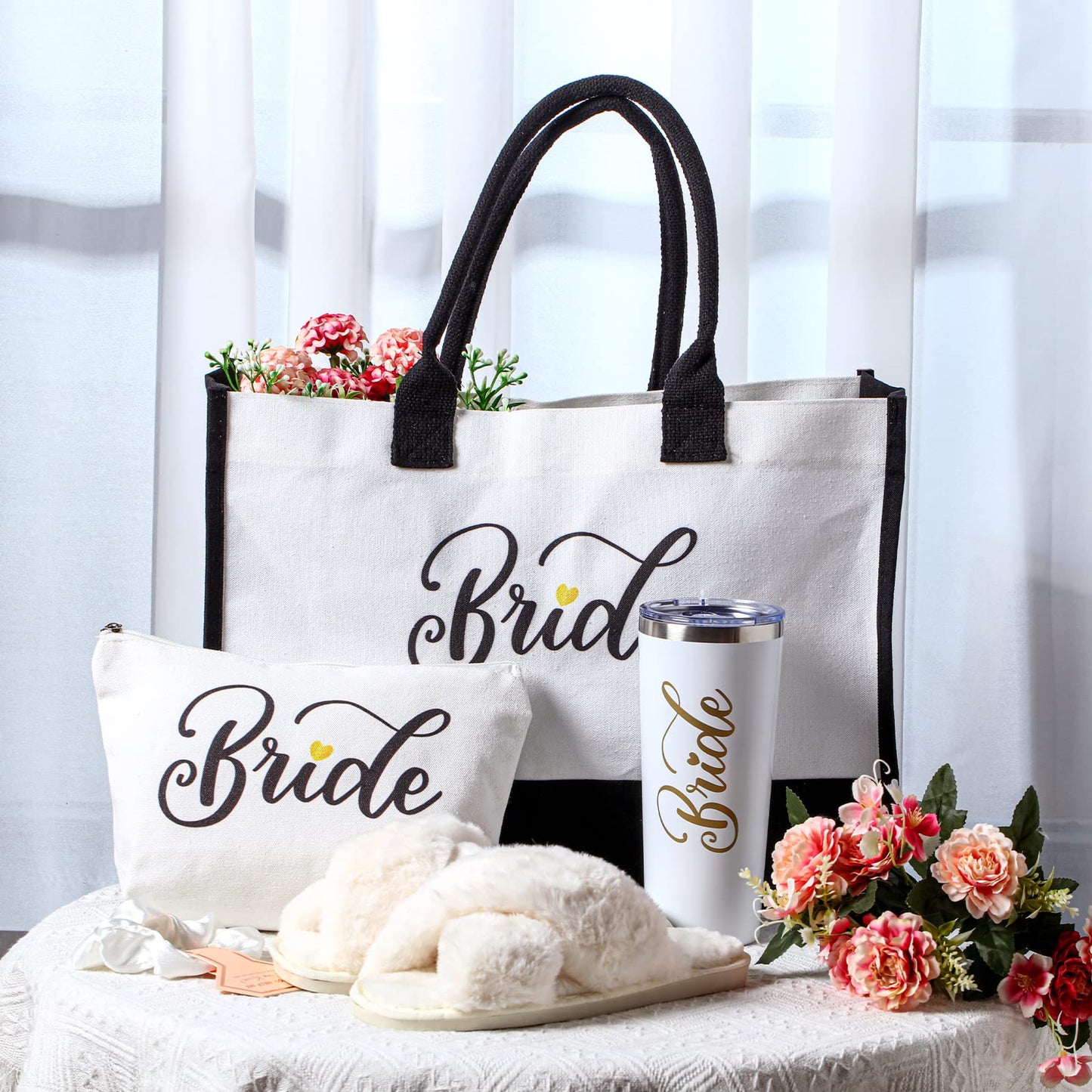 LEIFIDE Bride Tote Bag Bride Gifts Set 5 Pcs Makeup Bag Bride Stainless Tumbler Cup Bride Slippers White Hair Tie Slippers for Bridal Shower Bachelorette Party Wedding Day Gifts for Bride (Classic)