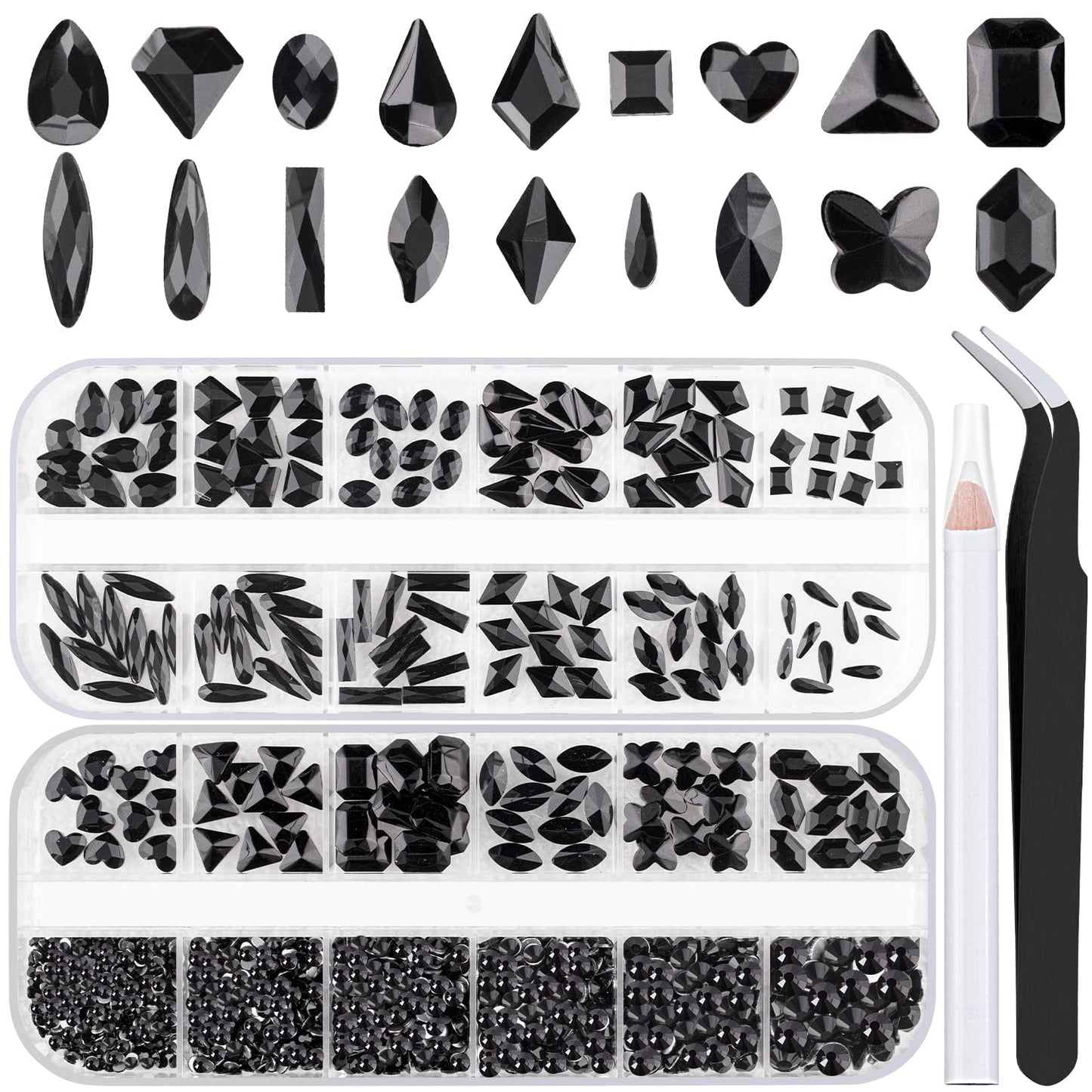 18 Styles Multi-Shaped Glass Gemstones for Nails and 6 Sizes Round Crystal Rhinestones Kit #4, Black Nail Art Charm Bead Manicure Decoration with Pickup Pencil and Tweezer