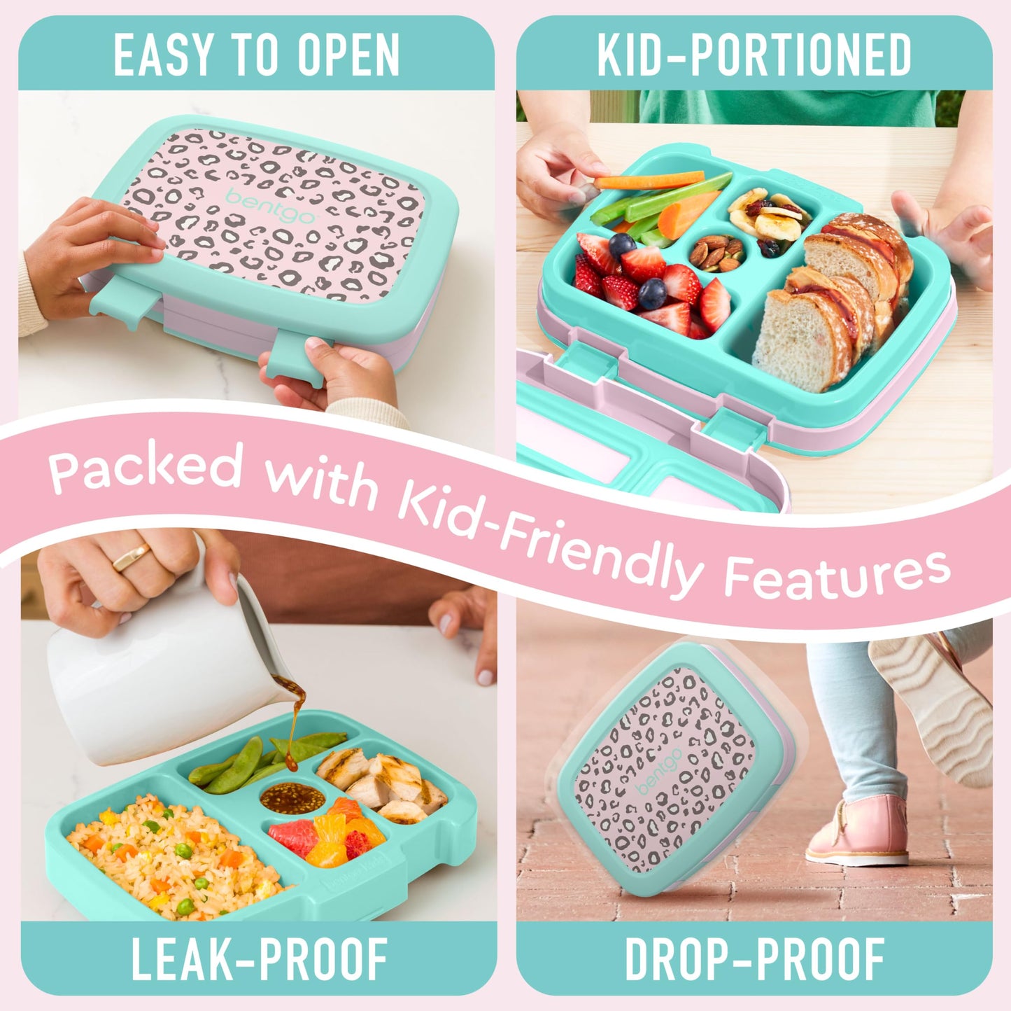 Bentgo Kids Prints Leak-Proof, 5-Compartment Bento-Style Kids Lunch Box - Ideal Portion Sizes for Ages 3-7, Durable, Drop-Proof, Dishwasher Safe, & Made with BPA-Free Materials (Leopard)